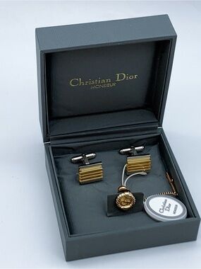 Vintage Christian Dior Monsieur Gold and Silver Ribbed Cufflinks & Tie Tack Set